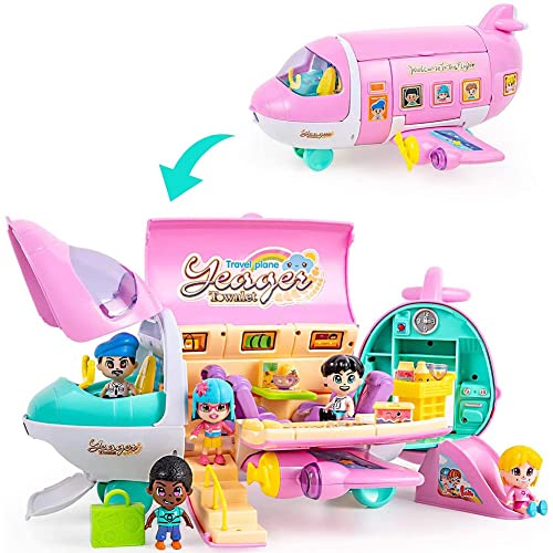 BAKAJI Juego de juego con avión y muñecas, juego de escenario de avión de ensueño rosa con accesorios de 4 personajes, juego de juguete para niños, juego de simulación hermosa idea de regalo