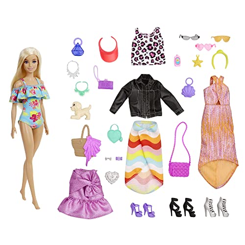 Barbie Day to Night Calendario de adviento de Navidad Muñeca con 24 accesorios sorpresa, ideal para regalo (Mattel GYN37)