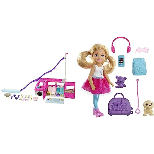 Barbie Supercaravana Dreamcamper 2022 Coche para muñecas con tobogán & Chelsea Vamos de Viaje con Perrito, muñeca con Accesorios, Regalo para niñas y niños 3-9 años (Mattel FWV20)