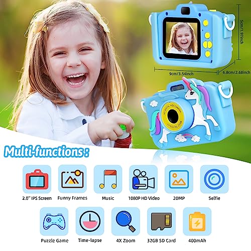 BEE&FLOWER Cámara infantil, 2.0 pulgadas, cámara digital HD, 1080P, cámara de vídeo Selfie con 32GB SD Tarjeta Regalos Juegos de cumpleaños de Navidad para niños de 3 a 12 años (azul)