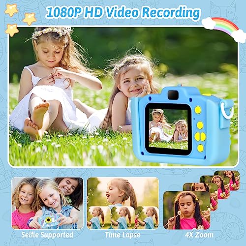 BEE&FLOWER Cámara infantil, 2.0 pulgadas, cámara digital HD, 1080P, cámara de vídeo Selfie con 32GB SD Tarjeta Regalos Juegos de cumpleaños de Navidad para niños de 3 a 12 años (azul)