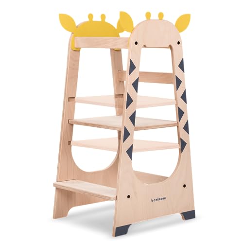 Beeloom - Torre de aprendizaje Montessori de madera, GIRAFFE TOWER, taburete de actividades para niños amarillo, con escalones de 3 niveles de altura regulable