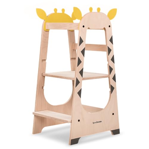 Beeloom - Torre de aprendizaje Montessori de madera, GIRAFFE TOWER, taburete de actividades para niños amarillo, con escalones de 3 niveles de altura regulable