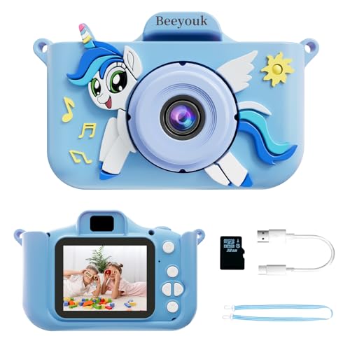 Beeyouk Cámara de Juguete Infantil Unicornio para Niñas, 1080P, con Tarjeta de 32 GB, Regalo de Cumpleaños para Niños de 3 a 7 años
