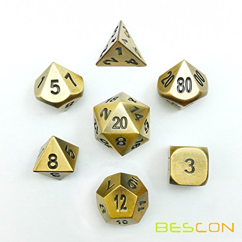 Bescon Brass - Juego de 7 dados de metal sólido y poliedral D&D de cobre y metal RPG juego de rol dados 7 piezas