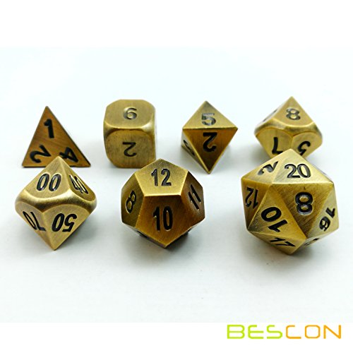Bescon Brass - Juego de 7 dados de metal sólido y poliedral D&D de cobre y metal RPG juego de rol dados 7 piezas
