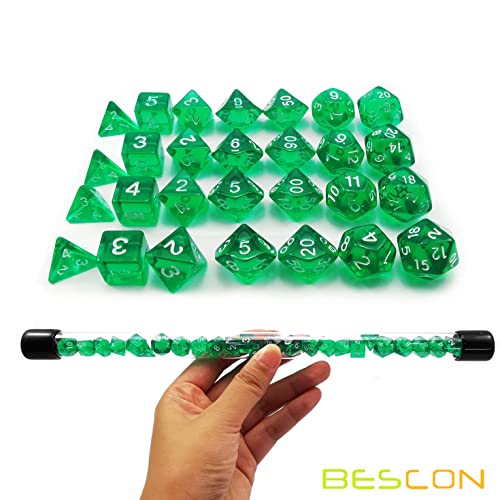 Bescon - Juego de 28 dados poliédricos verdes translúcidos en tubo, dados RPG de mazmorras y dragones, 4 x 7 piezas, mini juego de dados verdes de gemas