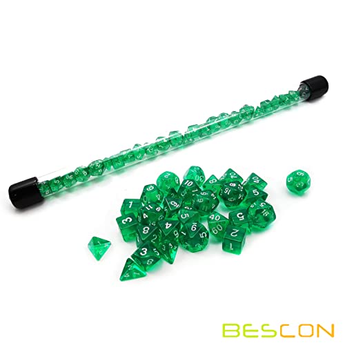 Bescon - Juego de 28 dados poliédricos verdes translúcidos en tubo, dados RPG de mazmorras y dragones, 4 x 7 piezas, mini juego de dados verdes de gemas