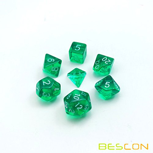 Bescon Mini Translucent Polyhedral RPG Dice Set 10MM, Small RPG Role Playing Game Dice Set D4-D20 in Tube, Transparent Green