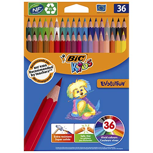 BIC Kids Evolution Lápices para colorear, blíster de 36 unidades + Kid Couleur Rotuladores para niños, Punta Media Colores Surtidos