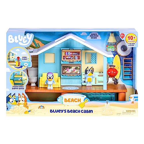 BLUEY Juego de cabaña de playa, con figura exclusiva con gafas. Incluye 10 piezas de juego y hoja de calcomanías