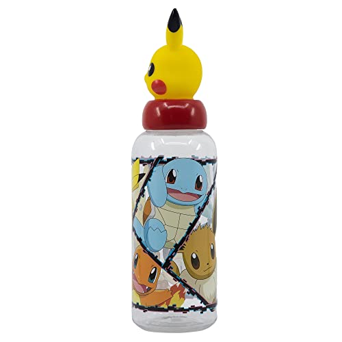 Botella de agua reutilizable para niños y niñas de plástico con diseño infantil con tapón de figurita 3D y capacidad de 560 ml de Pokemon