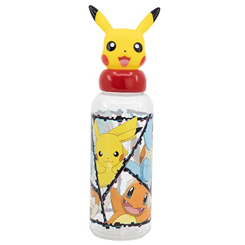 Botella de agua reutilizable para niños y niñas de plástico con diseño infantil con tapón de figurita 3D y capacidad de 560 ml de Pokemon