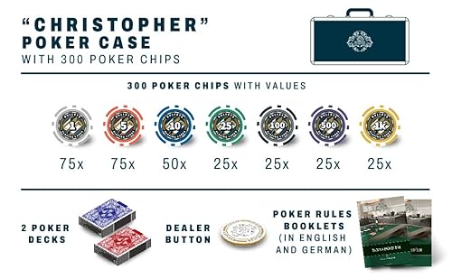 Bullets Playing Cards - Maletín de póquer de diseño 'Christopher' Deluxe con 300 fichas de póquer de poliestireno reciclado, instrucciones de póquer, botón de distribuidor y cartas de póquer de
