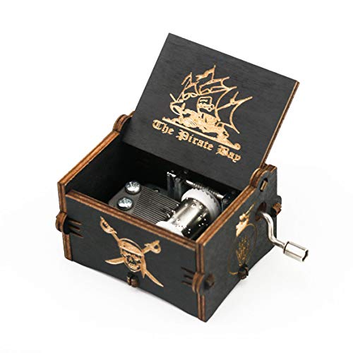 Caja musical de madera tallada con manivela de Piratas del Caribe, regalo musical, tema de Davy Jones, color negro