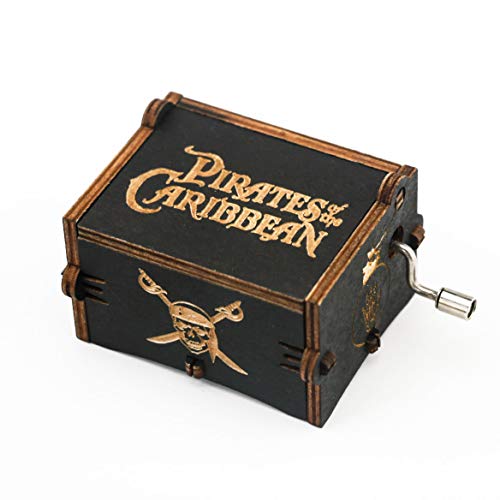 Caja musical de madera tallada con manivela de Piratas del Caribe, regalo musical, tema de Davy Jones, color negro