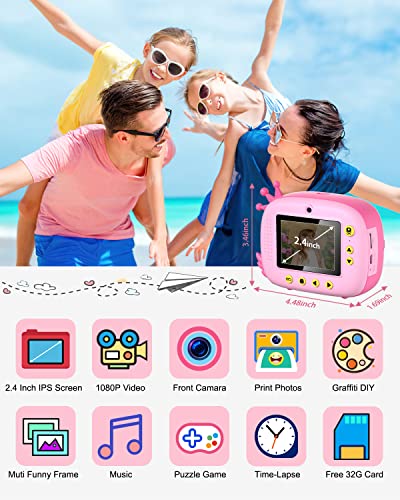 Camara Fotos Infantil instantanea, Hangrui Cámara Instantánea para Niños, 2.4" HD 1080P Camara Instanea Infantil con Tarjeta SD de 32GB,Papel de Impresión y Bolígrafos de Colores, Regalos Juguete