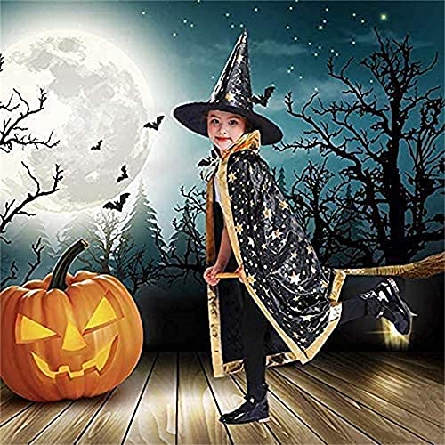 Capa del mago para Halloween, capa de bruja con sombrero, bolsa de caramelos, disfraces de Halloween, disfraz de cosplay para capa infantil, Halloween Costume Props for Kids Cosplay Party, Negro