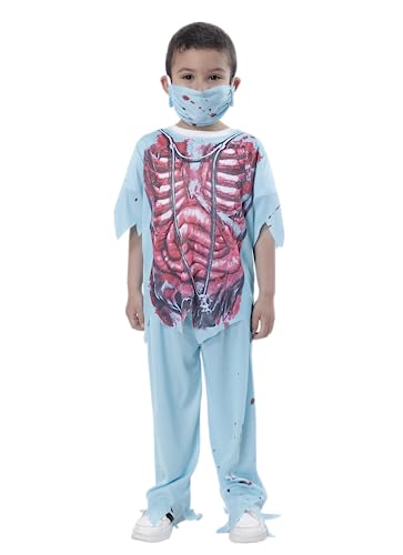 Carnavalife Disfraz Medico Zombie Niño, Disfraz Cirujano Zombie Niño Halloween, Camiseta de Esqueleto, Pantalón y Mascarilla para Disfraces de Enfermero (7-9 años)