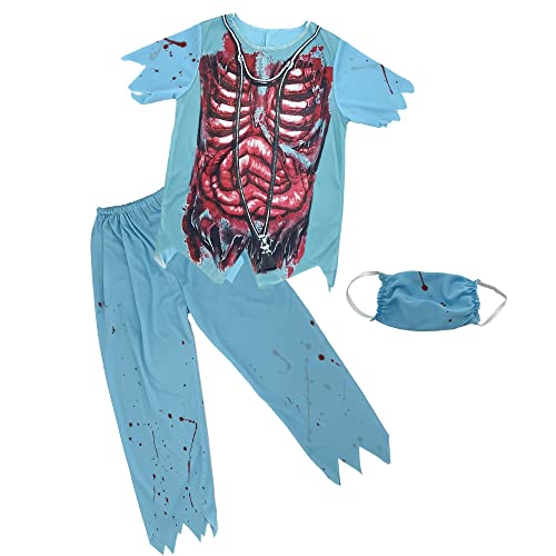 Carnavalife Disfraz Medico Zombie Niño, Disfraz Cirujano Zombie Niño Halloween, Camiseta de Esqueleto, Pantalón y Mascarilla para Disfraces de Enfermero (7-9 años)