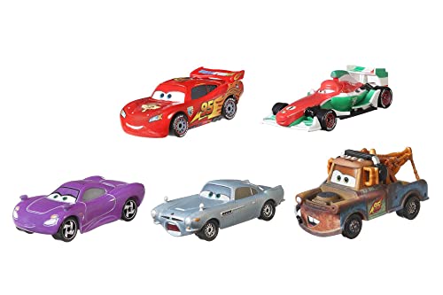Cars 2 Caja regalo 5 coches metálicos de juguete, caja se transforma, juguete para niños +3 años (Mattel HFN82)