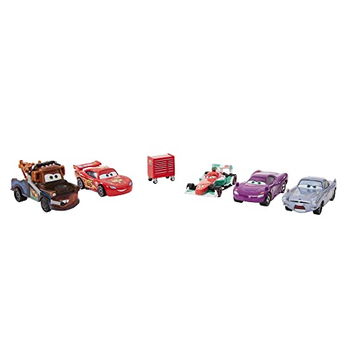 Cars 2 Caja regalo 5 coches metálicos de juguete, caja se transforma, juguete para niños +3 años (Mattel HFN82)