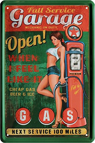 Cartel de chapa 45 con texto en inglés "Full Service Garage Gas Station USA Highway Pin Up Girl 20 x 30 cm