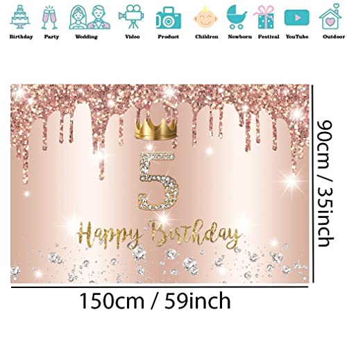 Cartel de telón de fondo para decoración de fiesta para niña feliz de 5 años de edad, póster de tela, rosa brillante, suministros de fiesta de quinto cumpleaños, 150x90 cm