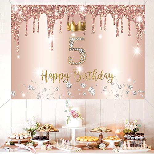 Cartel de telón de fondo para decoración de fiesta para niña feliz de 5 años de edad, póster de tela, rosa brillante, suministros de fiesta de quinto cumpleaños, 150x90 cm