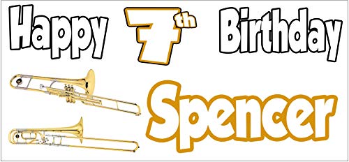 Cartel personalizable para el 7º cumpleaños con trombón, decoración para fiestas, niños, niñas, mujeres, hombres, cualquier nombre (paquete de 2)