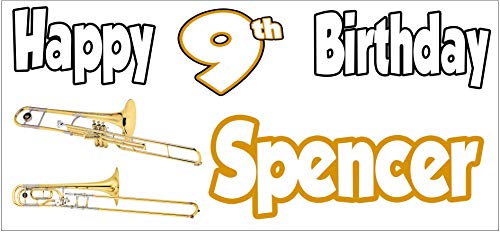 Cartel personalizable para el 9º cumpleaños con trombón, decoración de fiestas, niños y niñas, para hombre o cualquier nombre (paquete de 2)