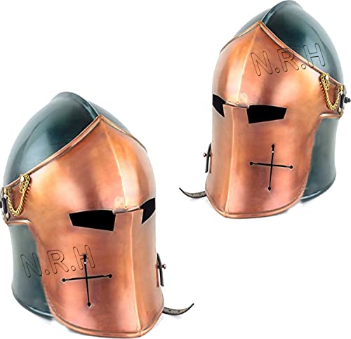 Casco medieval Barbuta de acero cepillado Caballeros Templarios Crusaders Armour | Casco de Halloween con acabado en cobre y negro