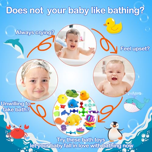 Chennyfun Conjunto Juguetes para Baño, 32 Piezas Baby Bath Toys Incluye Pato de Goma, Tortuga, Delfín, Barcos de Plástico, Conjunto Juguetes para Niños Pequeños de 1, 2, 3, 4, 5, 6 Años