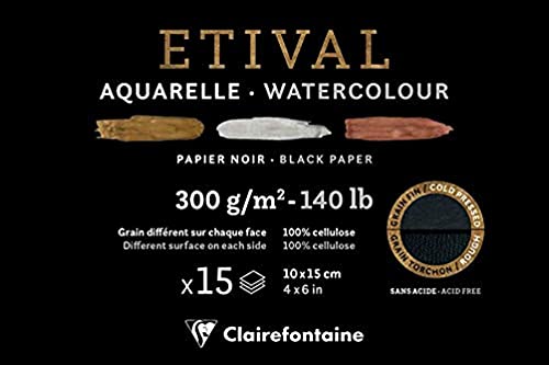 Clairefontaine 975448C - Un bloque encolado de 1 cara de papel de dibujo Etival 15 hojas 10 x 15 cm, 300 g de doble grano (grano fino y reverso de grano torchón), color negro