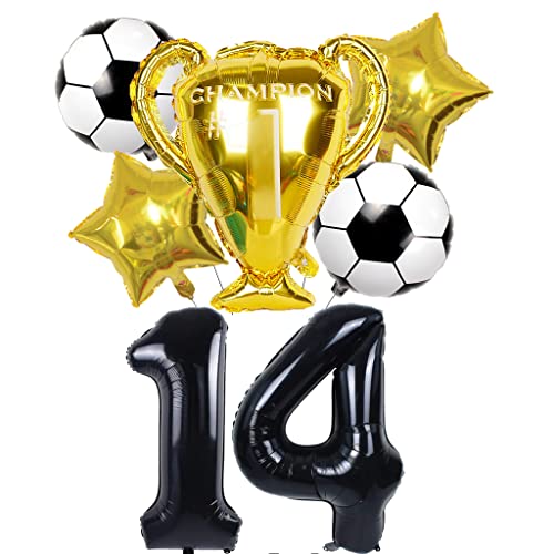 Conruich Globo de Cumpleaños 14 Años, Globos de Fútbol para 14 Cumpleaños, Globos Gigantes Negros con Números 14, Decoraciones de Fiesta de Cumpleaños para 14 años Niña & Niño