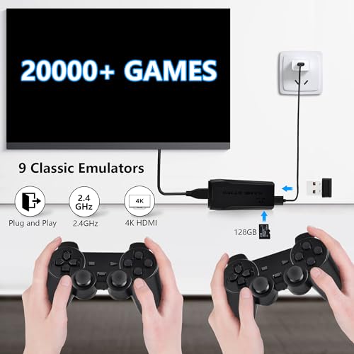 Consola de juegos retro portátil con 2 controladores de juegos, más de 20000 juegos, Plug and Play, controlador inalámbrico 64G/128G 4K HDMI salida Game Stick para TV, ordenador, proyector