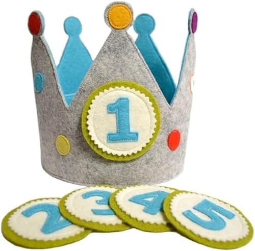 Corona Cumpleaños con 5 Números Intercambiables - De 1 a 5 Años - Gorro Infantil, para Niño, Niña y bebe (Gris-Azul)