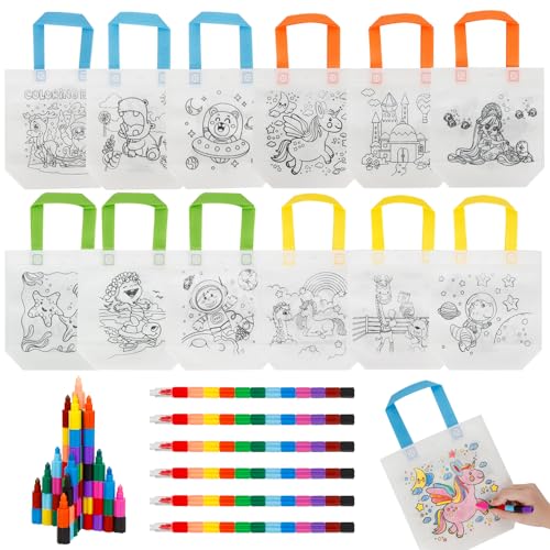 DAOUZL Bolsa para Pintar Niños, 12 DIY Graffiti Bolsas y 6 Lápices de Cera Apilables (12 colores en 1), Graffiti Bolsas para Colorear para Regalo Niños Cumpleaños Invitados