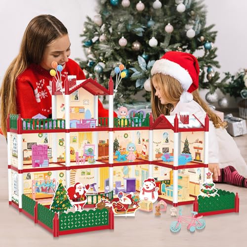 deAO Casa de muñecas para Niñas, DIY Navideña casita de muñecas, Dollhouse 3 Plantas 8 Habitaciones con muñecas, Muebles y Accesorios, Regalo de Cumpleaños de Navidad de 3 años