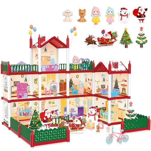 deAO Casa de muñecas para Niñas, DIY Navideña casita de muñecas, Dollhouse 3 Plantas 8 Habitaciones con muñecas, Muebles y Accesorios, Regalo de Cumpleaños de Navidad de 3 años