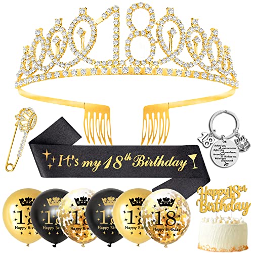 Decoracion 18 Cumpleaños,18 Cumpleaños Corona Banda,Oro Corona 18 Años Banda Cumpleaños Negro Oro Globos 18 Cumpleaños Primero de la Torta para 18 Cumpleaños Decoracione Niña Chica Regalos 18 Años