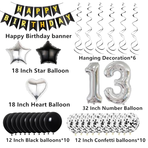 Decoración de 13º cumpleaños, Decoración de 13º año niño, Deco de 13º cumpleaños, Deco de 13 globos negro y plata, Deco de 13º cumpleaños niño, Deco de 13º cumpleaños niño niña