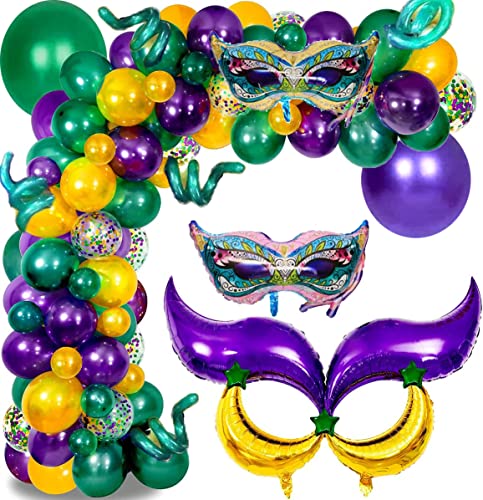 Decoración de fiesta de Mardi Gras, 114 globos morados verdes y amarillos, máscara de Mardi Gras globos de aluminio con luna y estrella, globos de aluminio para Mardi Gras, fiesta de Nueva Orleans