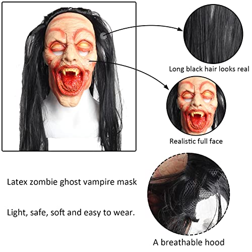 Decoraciones de Halloween, Máscara de Terror Zombie Mujer Fantasma Máscara de Vampiro Blood Scary Cabello Negro Realista Látex de Cara Completa Cosplay para Halloween Fiesta Temática Carnaval (B)