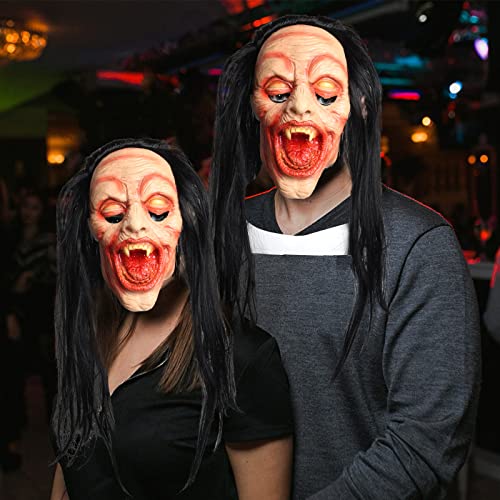 Decoraciones de Halloween, Máscara de Terror Zombie Mujer Fantasma Máscara de Vampiro Blood Scary Cabello Negro Realista Látex de Cara Completa Cosplay para Halloween Fiesta Temática Carnaval (B)
