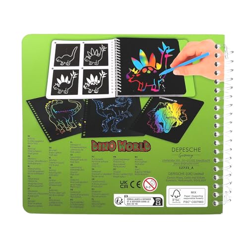 Depesche 12733 Dino World Mini Magic Scratch Book con divertidos motivos de dinosaurios para rascar, libro con degradado de colores y lápiz rascador