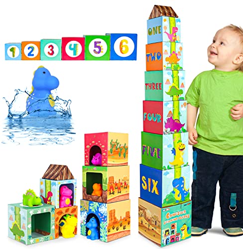 DINORUN Juguetes Niños 1 Año, Juguetes Montessori Cubos Apilables Bebe Dinosaurios Juguetes, Juguete Educativo Regalo Niña Niño 1 2 3 Años