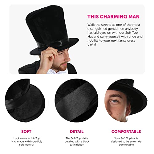Disfraz de sombrero victoriano para adultos, paquete de 1 - Sombrero de felpa negra suave de 58 cm con banda de satén negro, accesorio de disfraz histórico de caballero victoriano