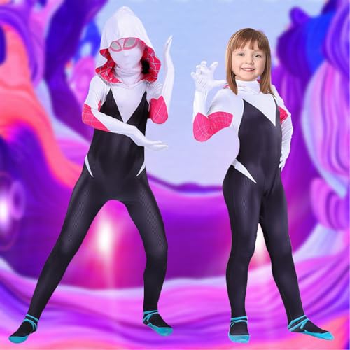 Disfraz Spider Gwen para niño de Cosplay Anime para disfraz de araña infantil de 6 7 años con máscara de Halloween para disfraz araña Gwen Girl, disfraz de araña infantil, niña, mono para fiesta