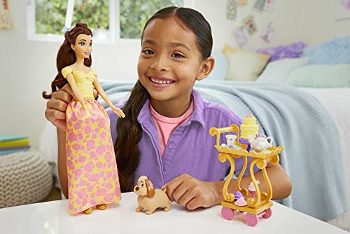 Disney, Princess Fiesta del té de Bella Muñeca Princesa con Carrito y Accesorios, Juguete a Partir de 3 años (Mattel HLW20)